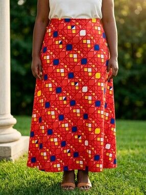 LuLaRoe 2XL Red Geometric Maxi Skirt Plus Size Fold Over Waist Wearable Art Chic